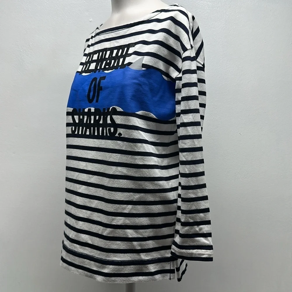 Kate Spade Beware of Sharks Shirt Boatneck Top 3/4 Sleeve Striped Black White XS